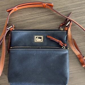 Dooney & Bourke Pebbled Navy Blue Brown Leather Crossbody Bag with Tan Trim
